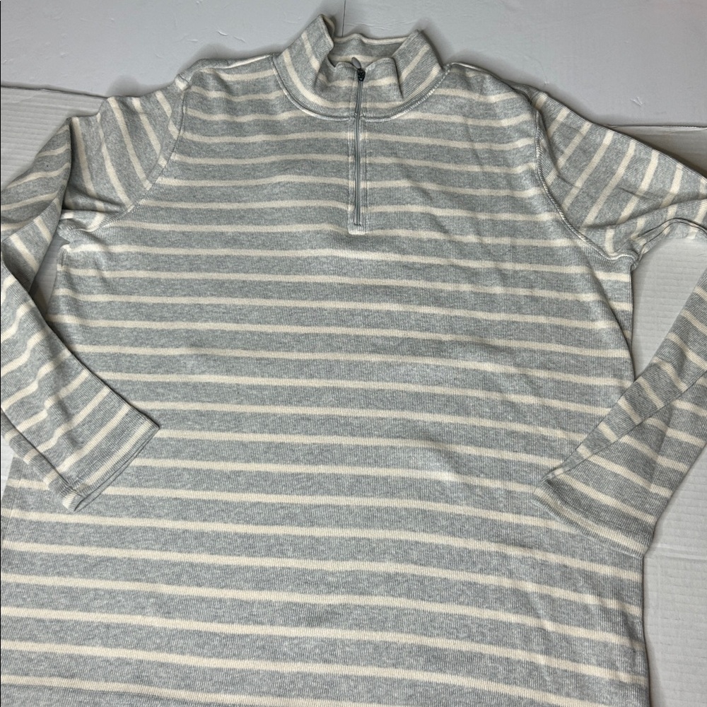 LL Bean heather gray off white nautical neutral striped ribbed cotton 1/4 zip